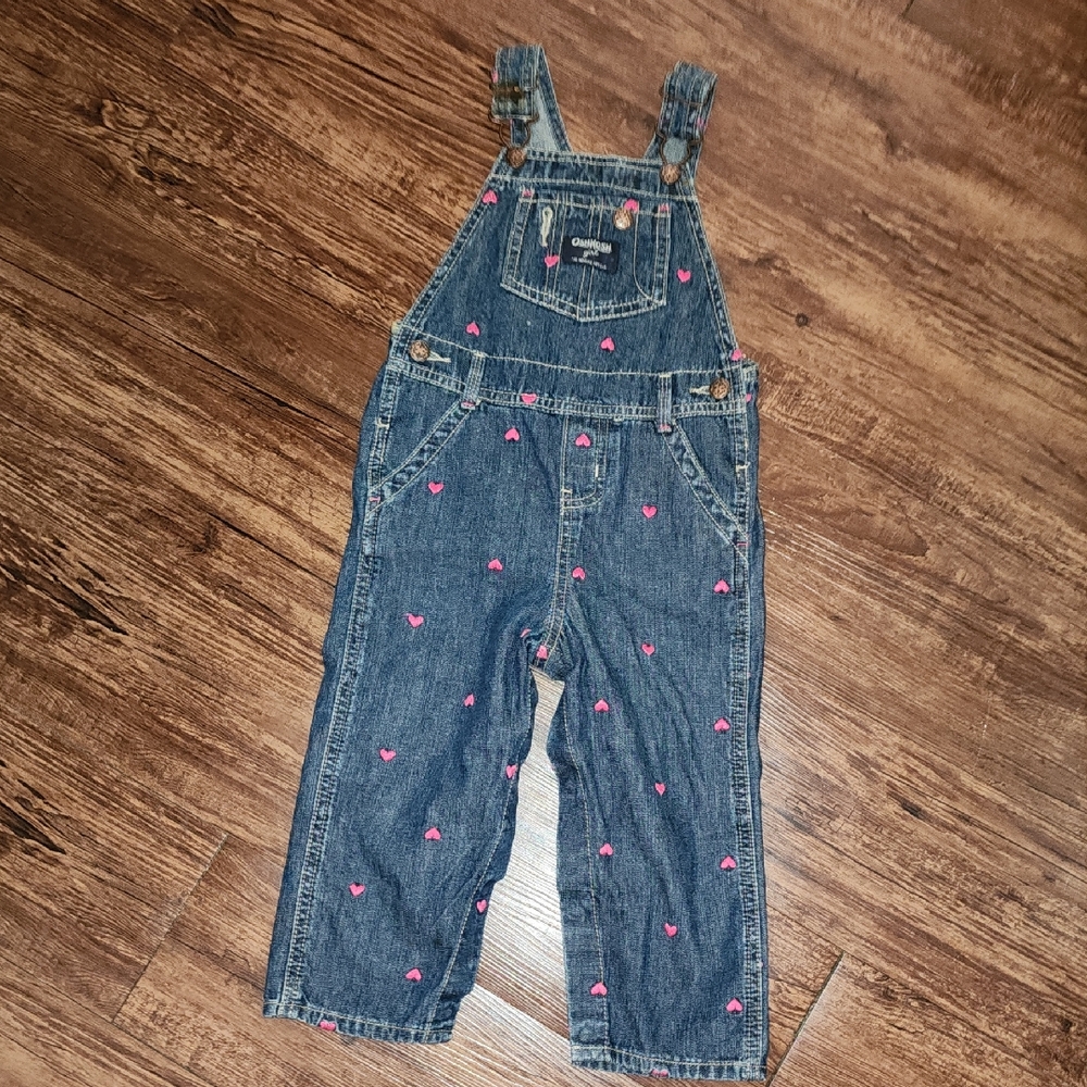 NWOT OshKosh B'gosh Denim Overalls Embroidered with Pink Hearts 24 MONTHS/2T